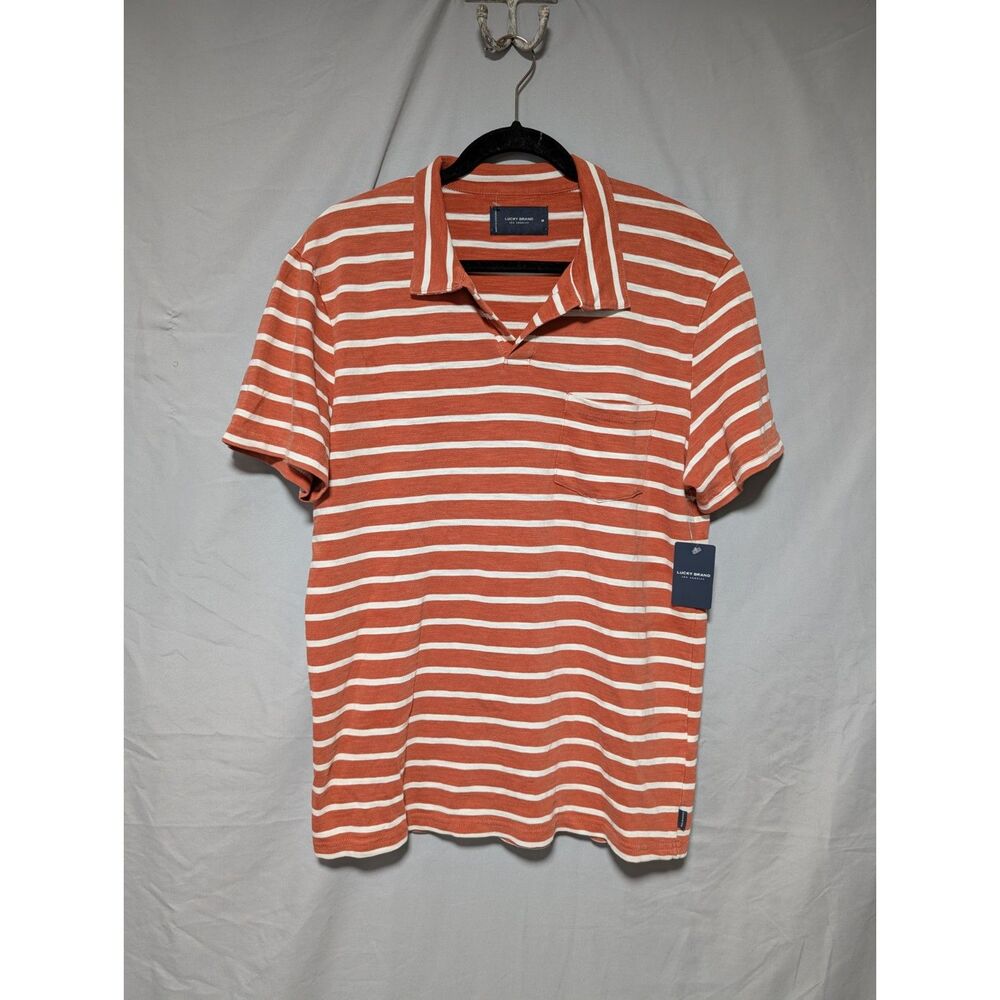 Lucky Brand Orange‎ White Striped Polo Shirt Casual Cotton Top New Medium